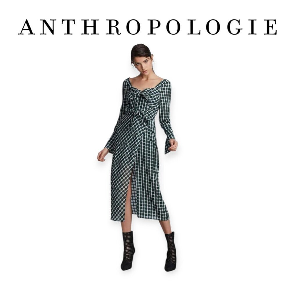 Anthropologie Plaid Midi Dress Evergreen White Faux Wrap Long Sleeve Size S NWT